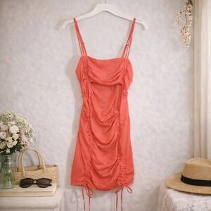 wild fable Coral Ruched Spaghetti Strap Mini Dress